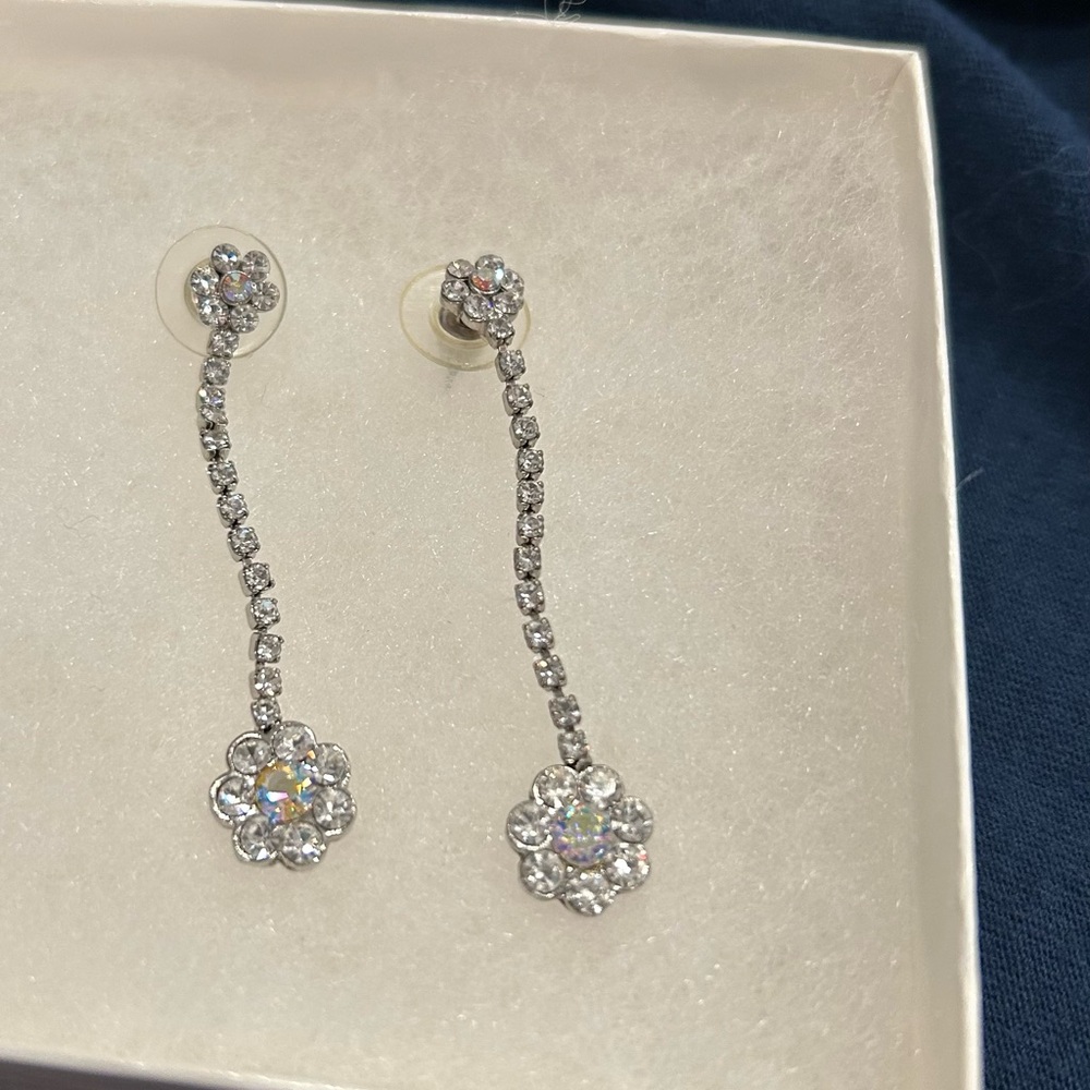 Source Unknown Silver Floral Crystal Earrings